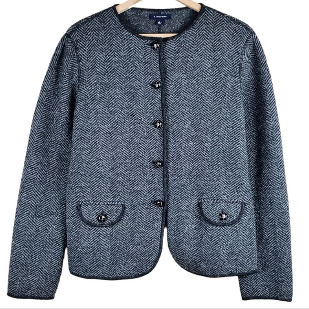 LANDS' END 100% Wool Herringbone Blazer Jacket Size 8 Gray Button Front Classic
